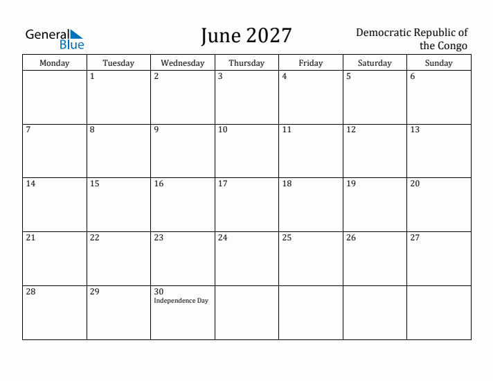 June 2027 Calendar Democratic Republic of the Congo