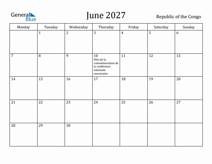 June 2027 Calendar Republic of the Congo
