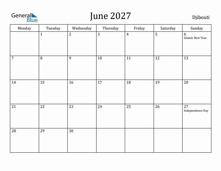 June 2027 Calendar Djibouti