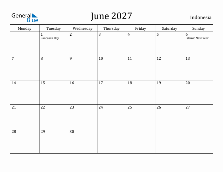 June 2027 Calendar Indonesia