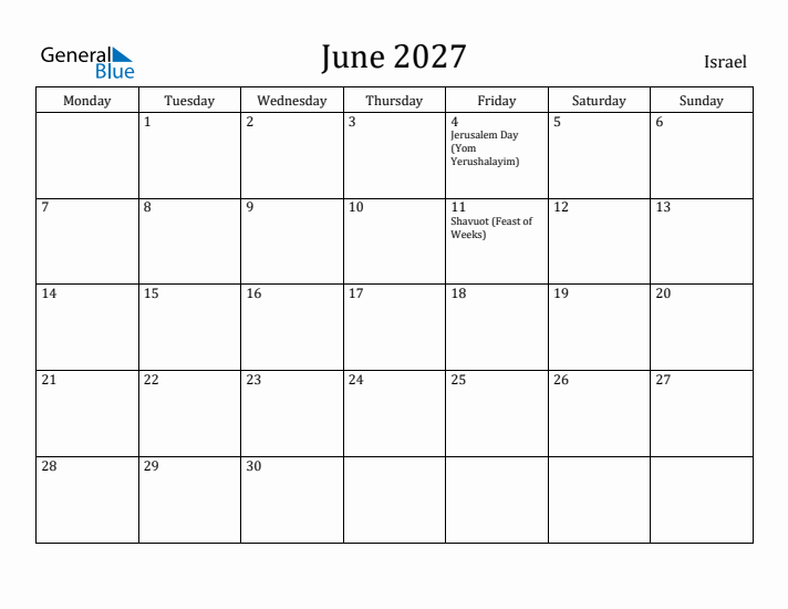 June 2027 Calendar Israel