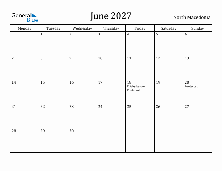 June 2027 Calendar North Macedonia