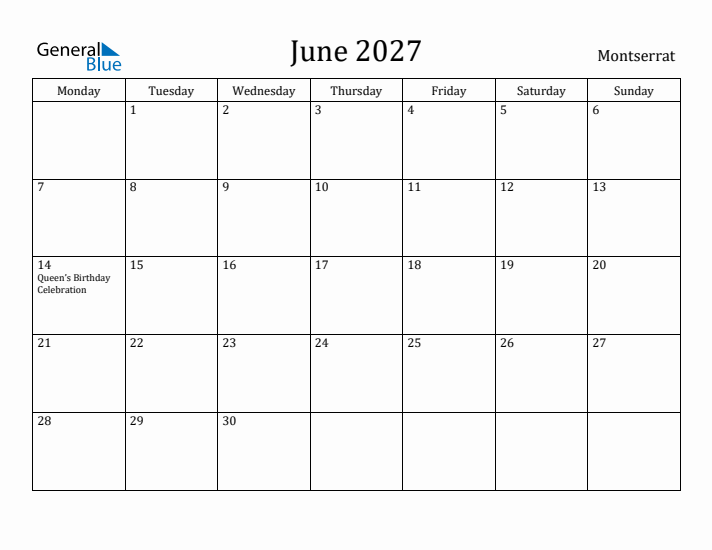 June 2027 Calendar Montserrat