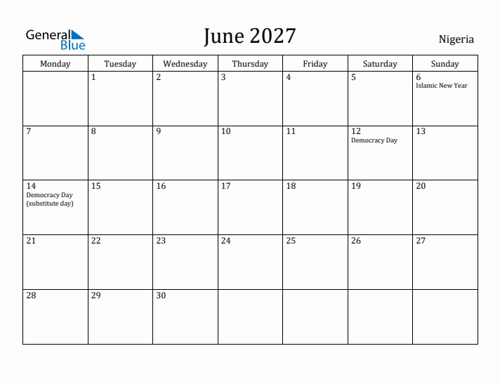 June 2027 Calendar Nigeria