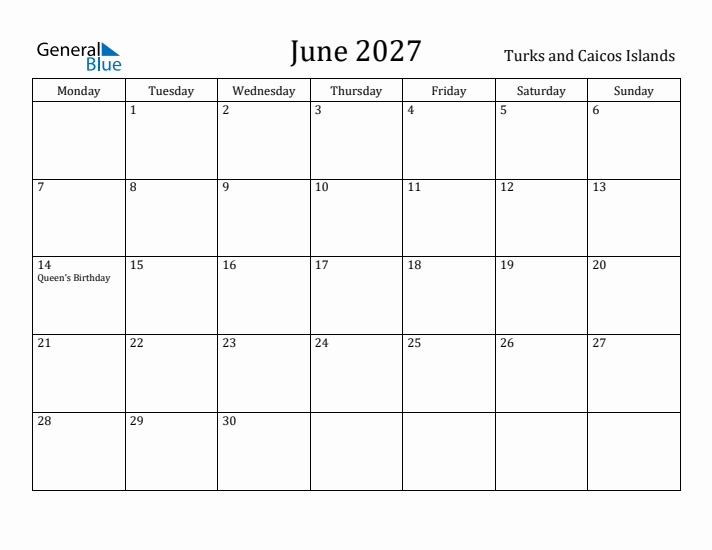 June 2027 Calendar Turks and Caicos Islands