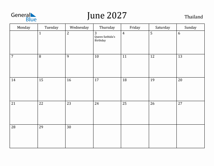 June 2027 Calendar Thailand