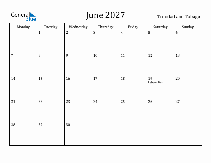 June 2027 Calendar Trinidad and Tobago