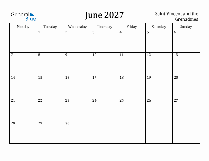 June 2027 Calendar Saint Vincent and the Grenadines