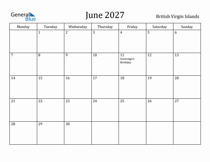 June 2027 Calendar British Virgin Islands