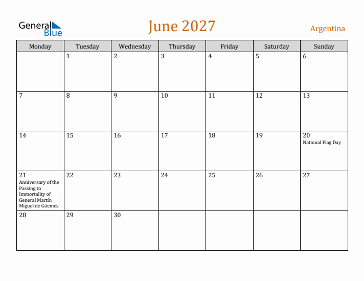 June 2027 Holiday Calendar with Monday Start