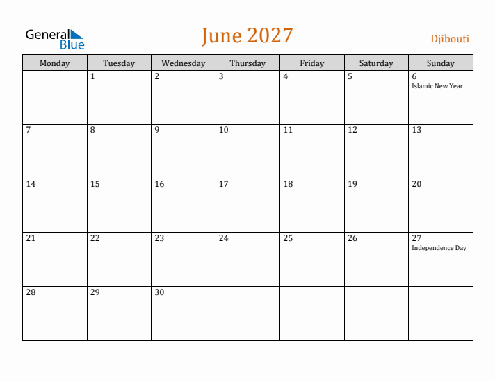June 2027 Holiday Calendar with Monday Start