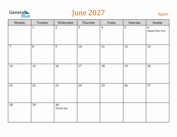 June 2027 Holiday Calendar with Monday Start