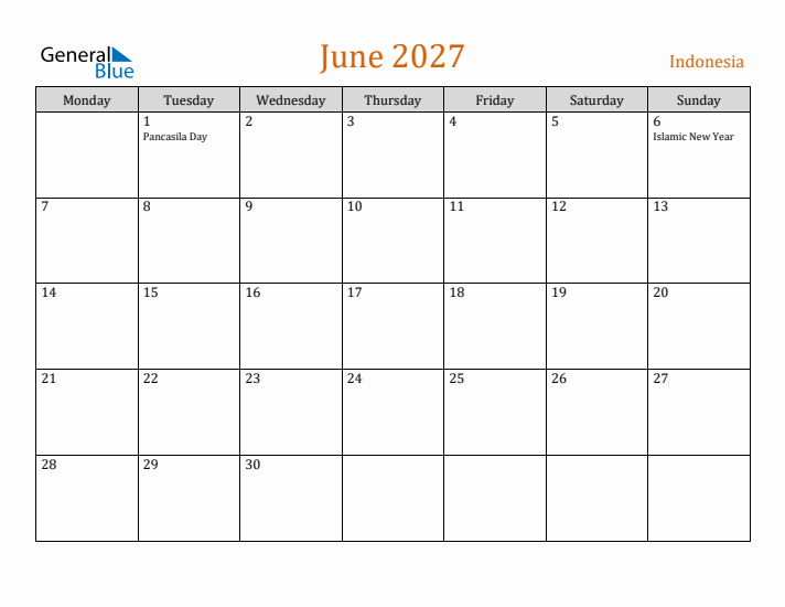 June 2027 Holiday Calendar with Monday Start
