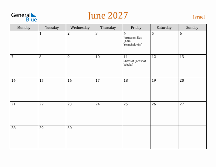 June 2027 Holiday Calendar with Monday Start