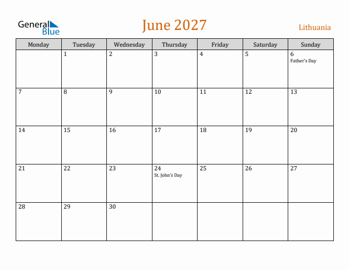 June 2027 Holiday Calendar with Monday Start
