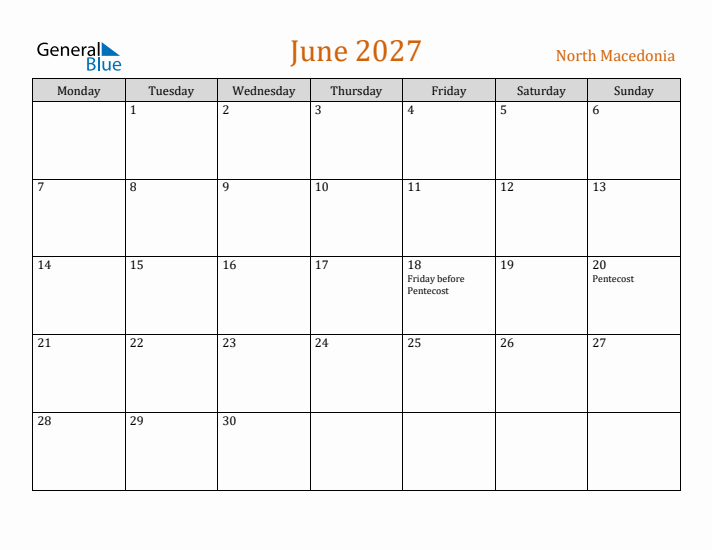 June 2027 Holiday Calendar with Monday Start