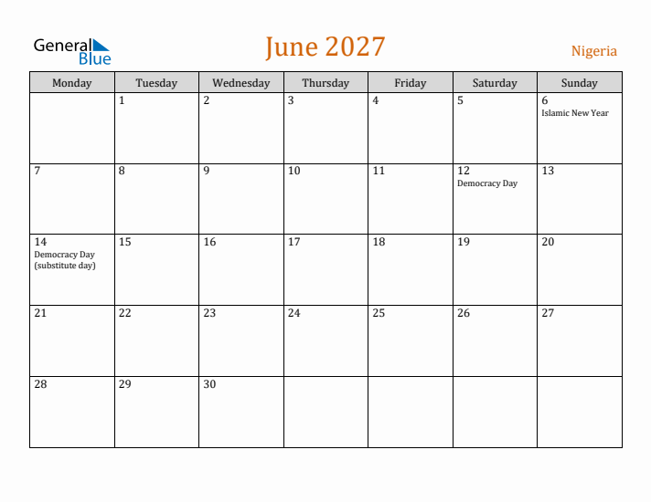June 2027 Holiday Calendar with Monday Start
