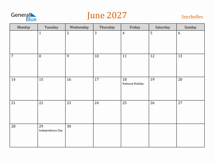 June 2027 Holiday Calendar with Monday Start