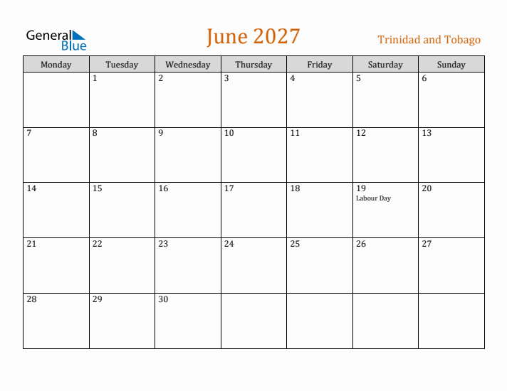 June 2027 Holiday Calendar with Monday Start