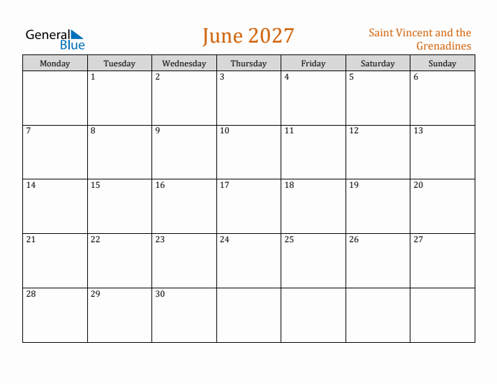 June 2027 Holiday Calendar with Monday Start
