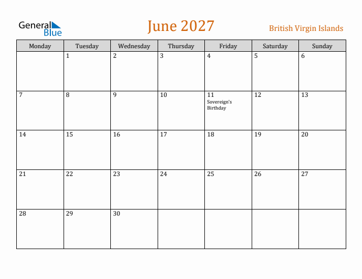 June 2027 Holiday Calendar with Monday Start