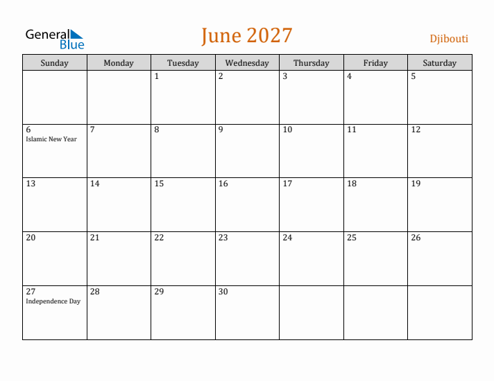 June 2027 Holiday Calendar with Sunday Start