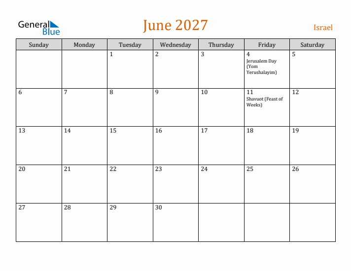 June 2027 Holiday Calendar with Sunday Start
