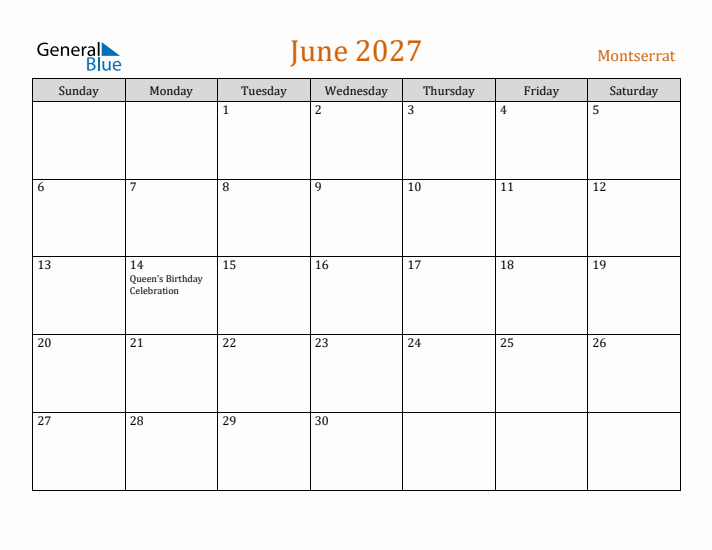 June 2027 Holiday Calendar with Sunday Start