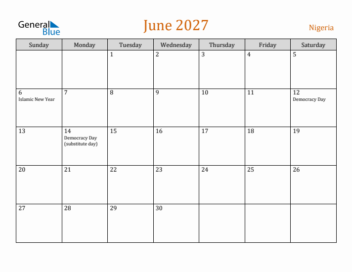 June 2027 Holiday Calendar with Sunday Start