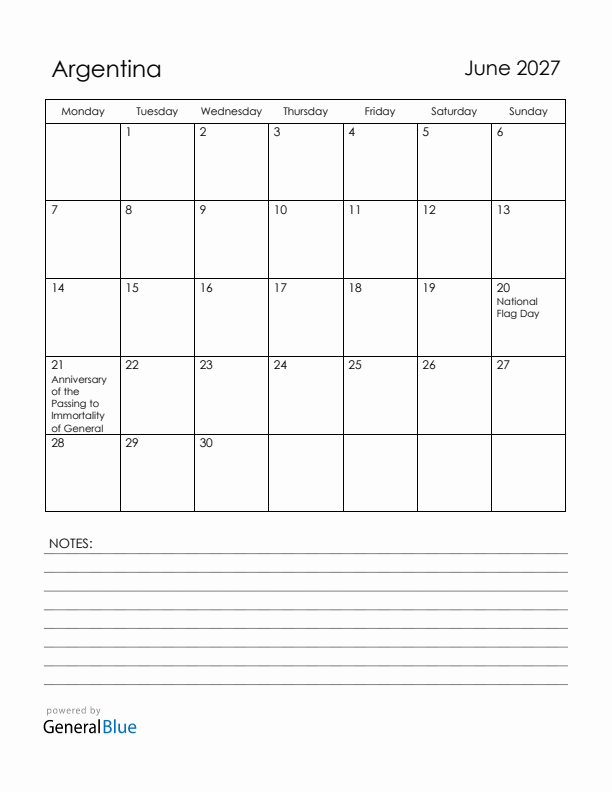 June 2027 Argentina Calendar with Holidays (Monday Start)