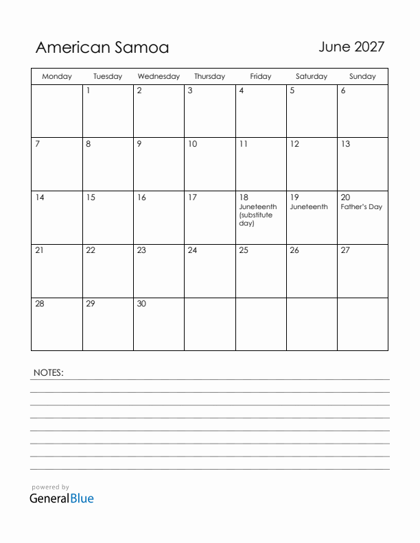 June 2027 American Samoa Calendar with Holidays (Monday Start)
