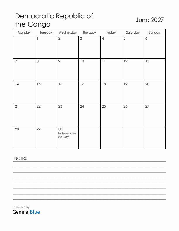 June 2027 Democratic Republic of the Congo Calendar with Holidays (Monday Start)