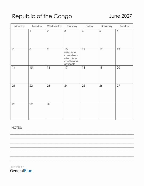 June 2027 Republic of the Congo Calendar with Holidays (Monday Start)