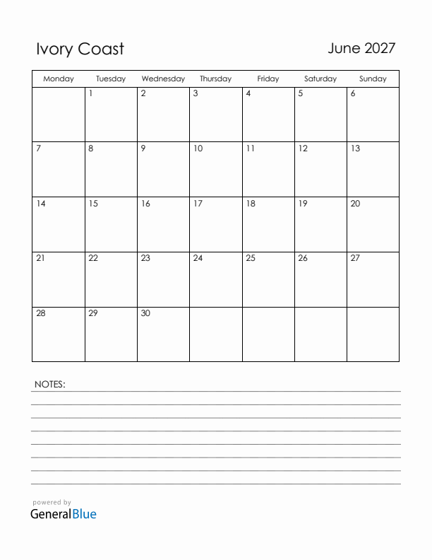 June 2027 Ivory Coast Calendar with Holidays (Monday Start)