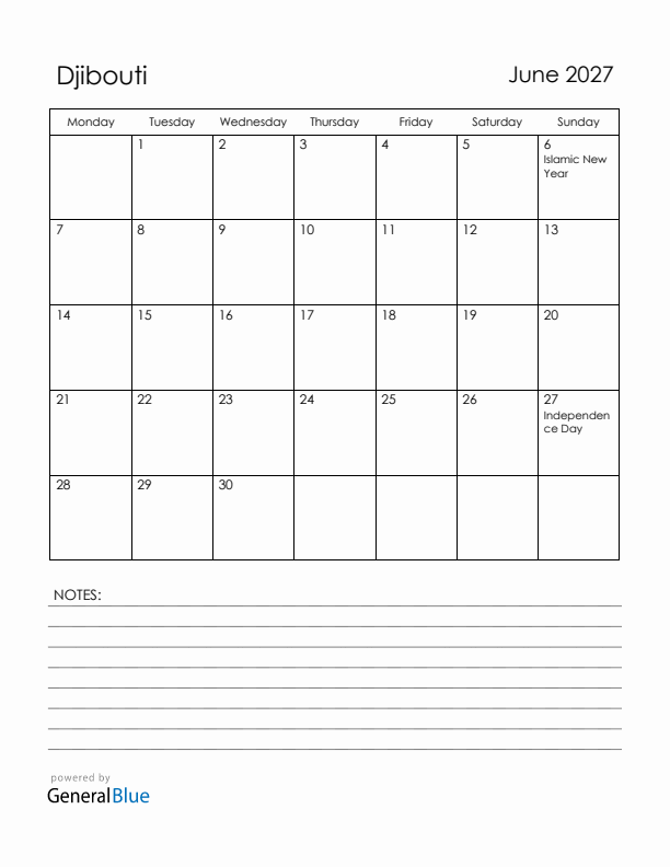 June 2027 Djibouti Calendar with Holidays (Monday Start)