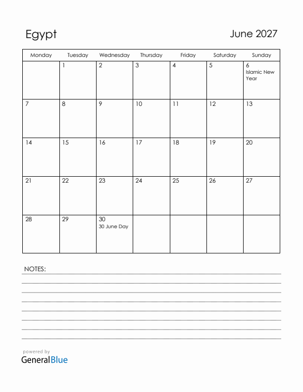 June 2027 Egypt Calendar with Holidays (Monday Start)
