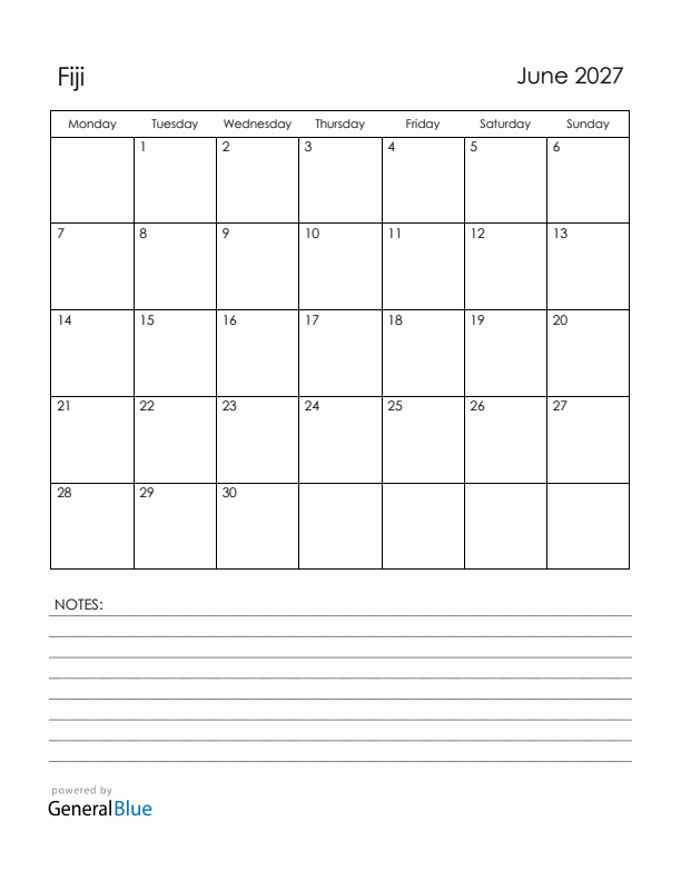 June 2027 Fiji Calendar with Holidays (Monday Start)