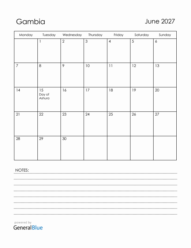 June 2027 Gambia Calendar with Holidays (Monday Start)