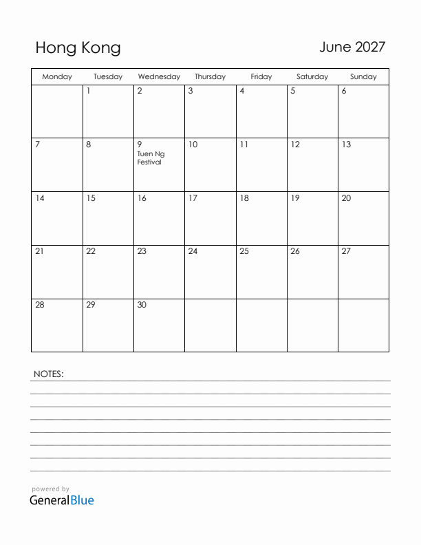 June 2027 Hong Kong Calendar with Holidays (Monday Start)