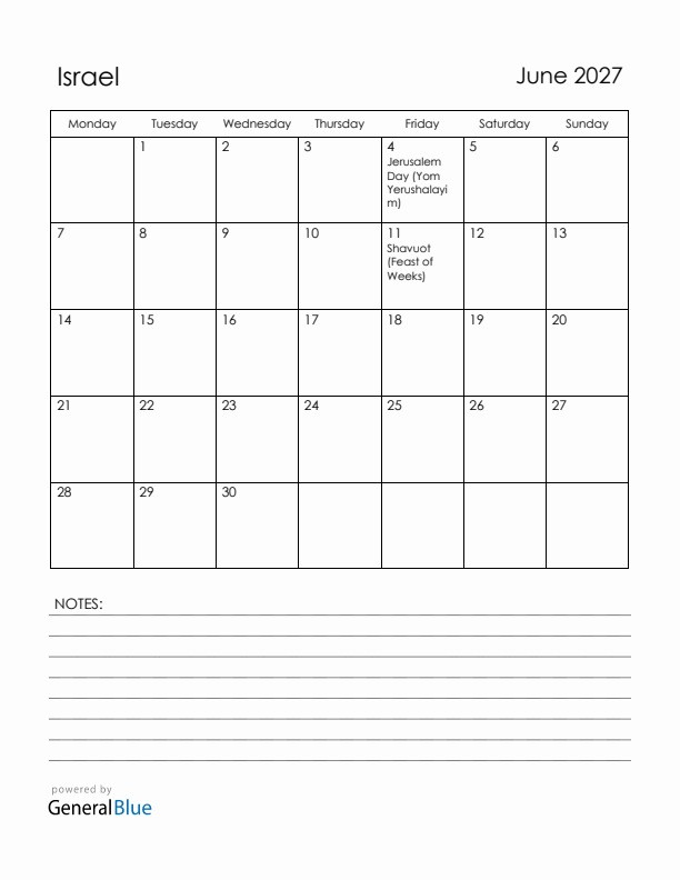 June 2027 Israel Calendar with Holidays (Monday Start)