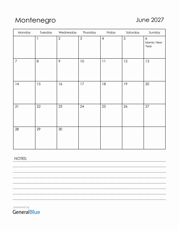 June 2027 Montenegro Calendar with Holidays (Monday Start)