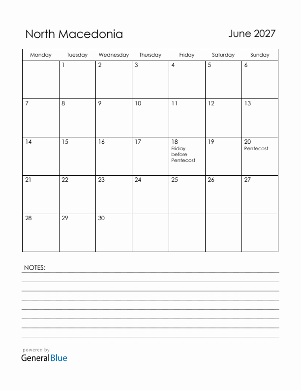 June 2027 North Macedonia Calendar with Holidays (Monday Start)