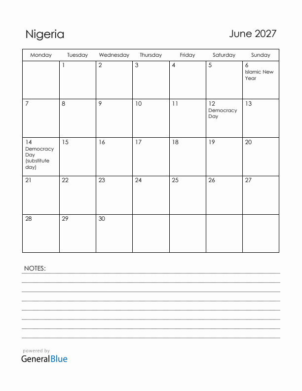 June 2027 Nigeria Calendar with Holidays (Monday Start)