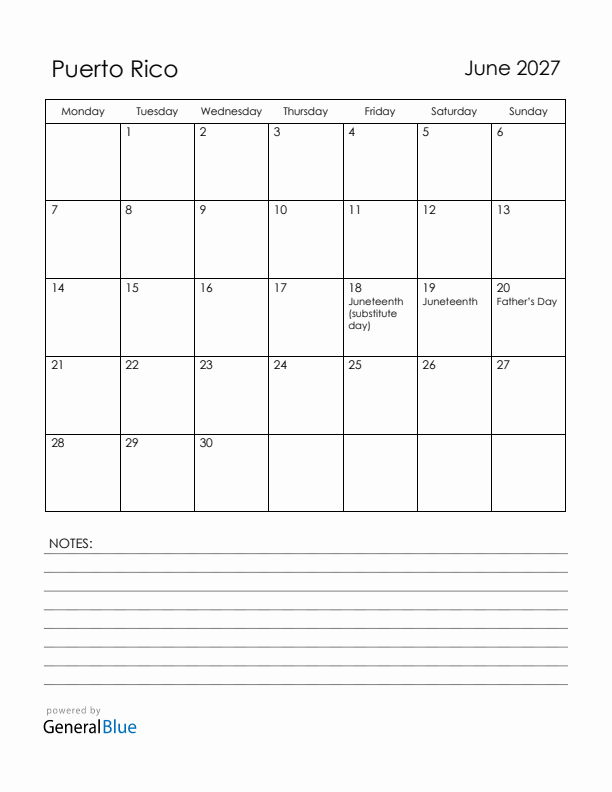 June 2027 Puerto Rico Calendar with Holidays (Monday Start)