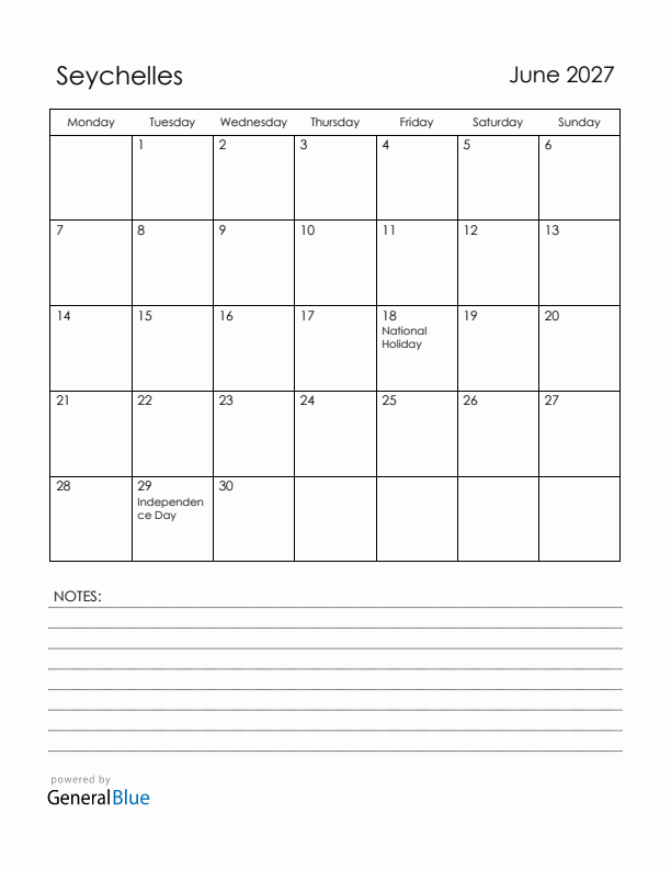 June 2027 Seychelles Calendar with Holidays (Monday Start)