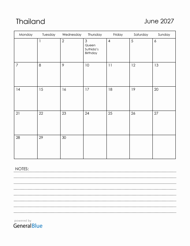 June 2027 Thailand Calendar with Holidays (Monday Start)
