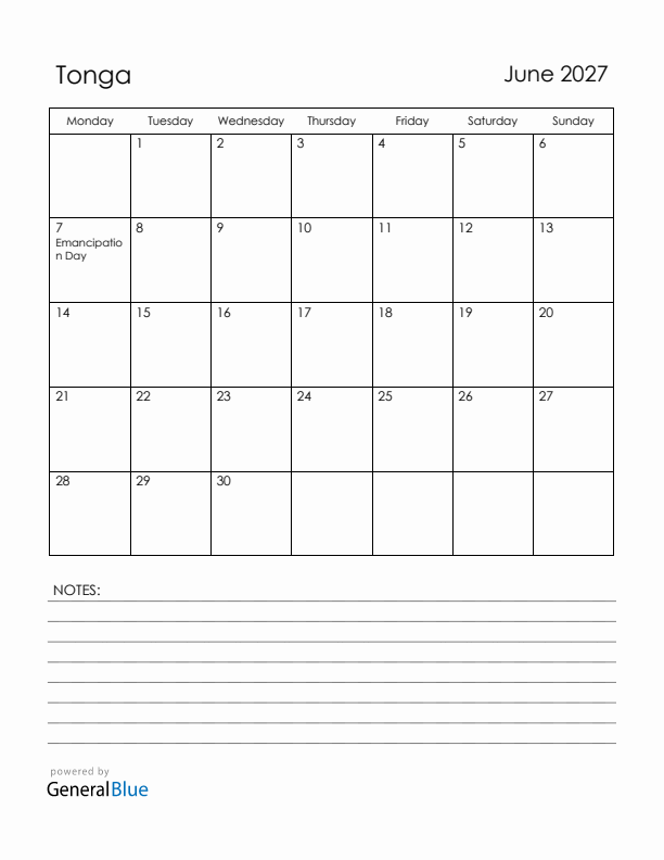 June 2027 Tonga Calendar with Holidays (Monday Start)