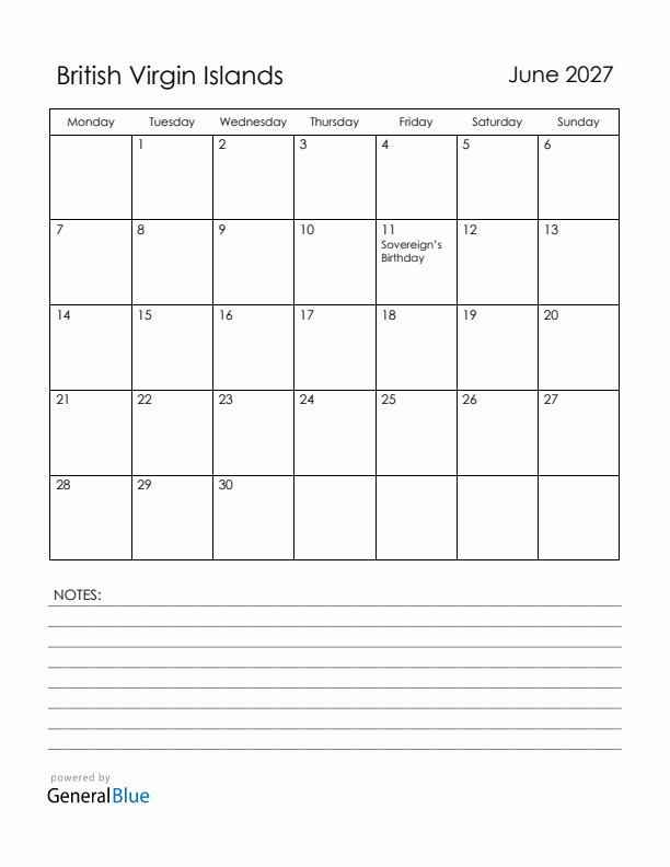 June 2027 British Virgin Islands Calendar with Holidays (Monday Start)