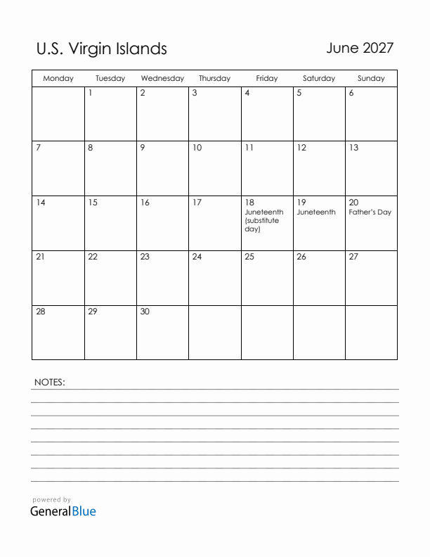 June 2027 U.S. Virgin Islands Calendar with Holidays (Monday Start)