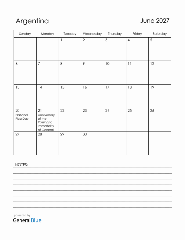 June 2027 Argentina Calendar with Holidays (Sunday Start)